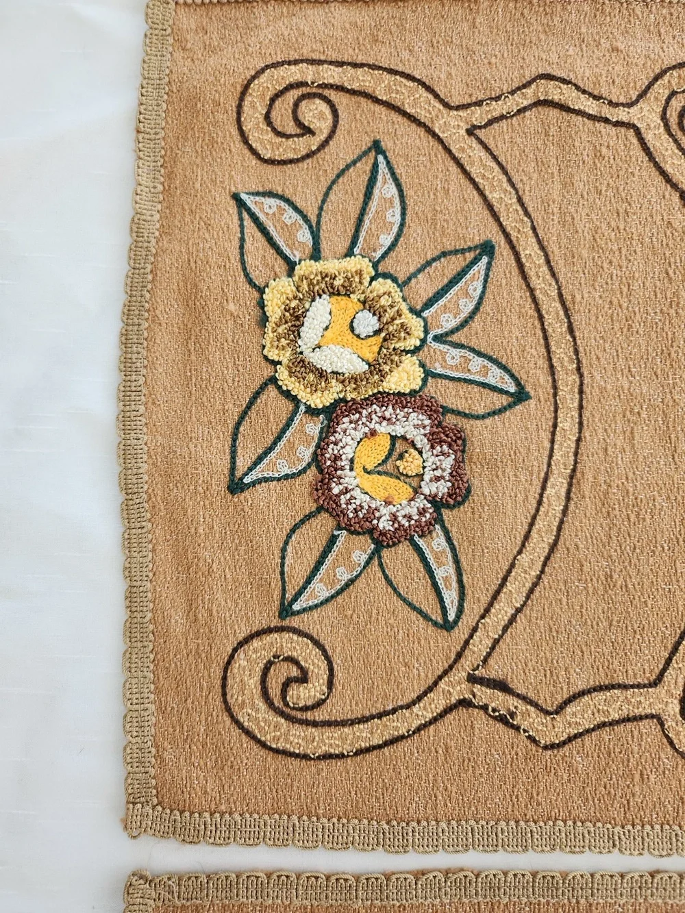 Vintage Floral Punch Needle Embroidered Arts & Crafts Style Table Runner Pair